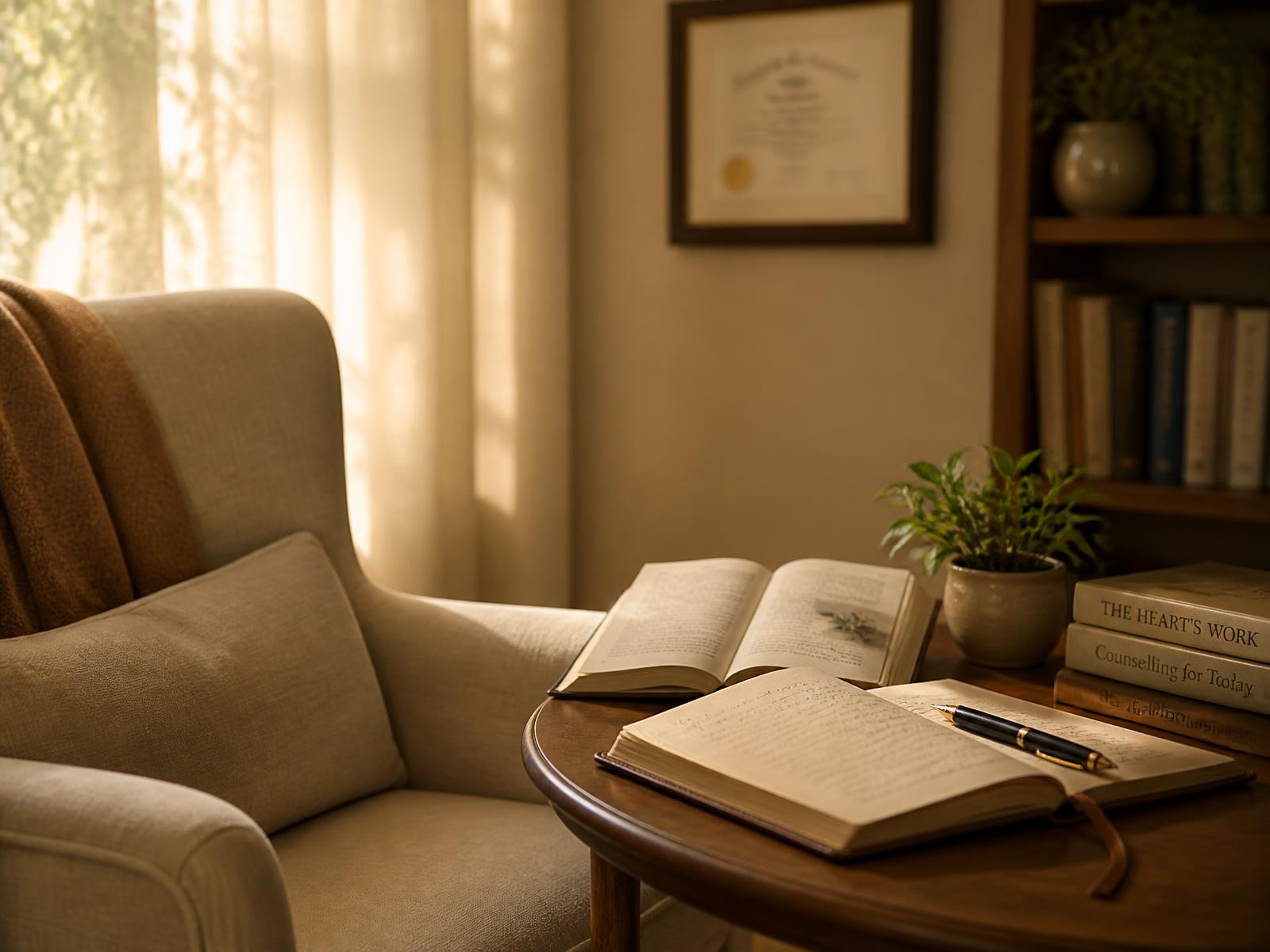 A quiet therapy room with a linen armchair, open books and a handwritten journal in warm light